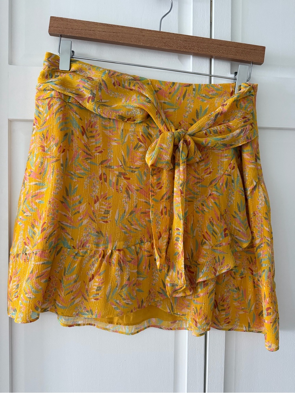 Sezane Silk Metallic Floral Mini Skirt Yellow Tie Front size FR 40/ US 6-8 - Picture 3 of 14